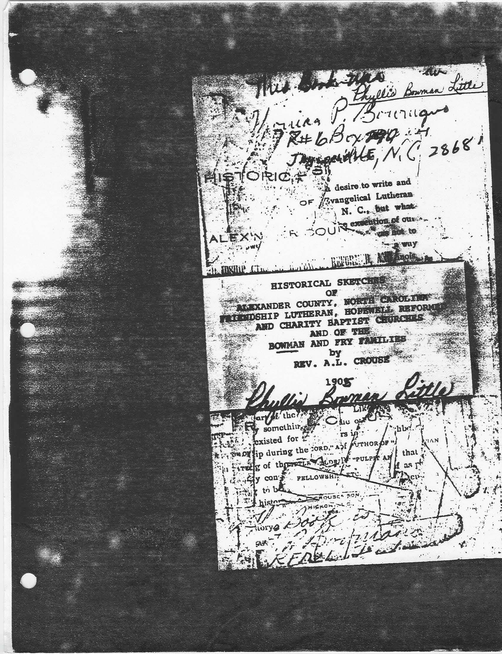 Historical Sketches of Alexander County, North Carolina
Friendship Lutheran, Hopewell Reformed and Charity Baptist Churches
and of the Bowman and Fry families